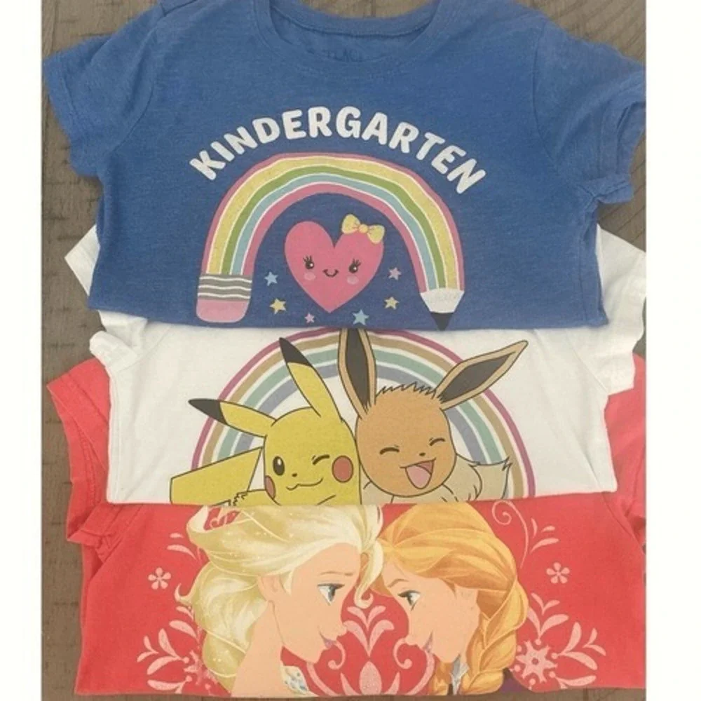 Lot of 3 Kindergarten Girls XS/S Graphic T Shirts Pokemon Frozen School Blue Red